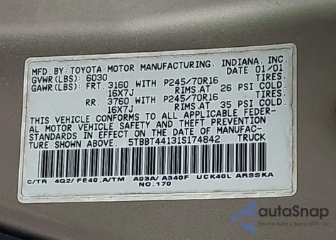 2001 Toyota Tundra Sr5 V8 из США, поврежденный, VIN 5TBBT44131S174842